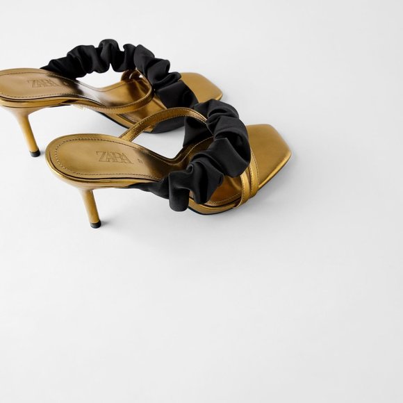 ZARA 100% LEATHER BLUE COLLECTION RUFFLE GOLD MULE HEELS NEW WITH TAGS US 6.5 - Picture 4 of 7